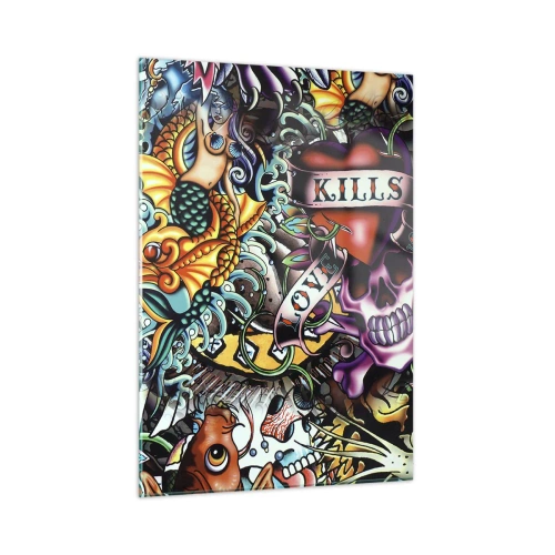 Impression sur verre - Image sur verre - Une composition colorée de motifs inspirés de l'art du tatouage - 50x70cm - Le rêve du tatoueur - Décoration murale moderne pour le salon et la chambre ARTTOR