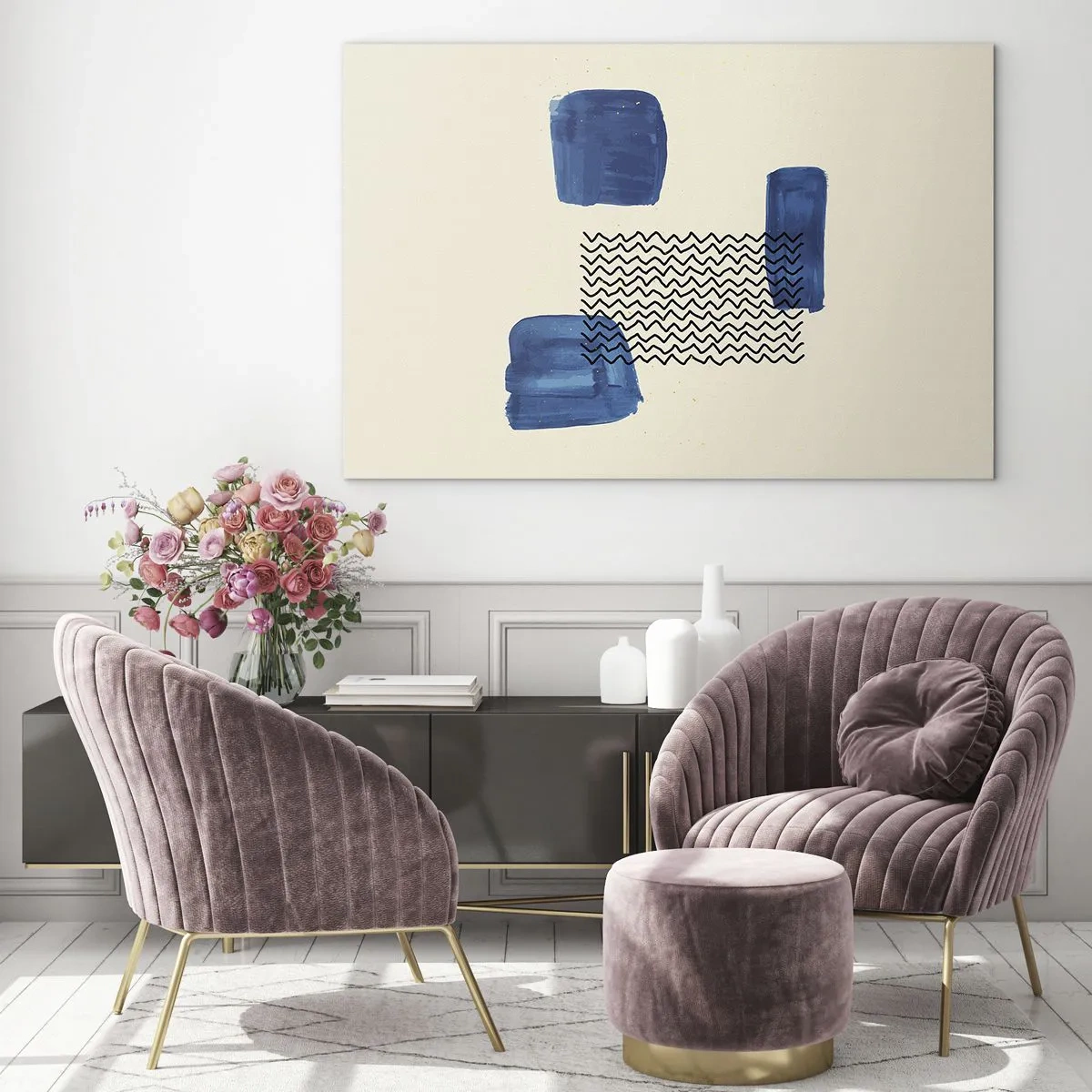 Impression sur verre - Image sur verre - Abstraction moderne avec des accents bleus - 70x50cm - Quatuor abstrait - Décoration murale moderne pour le salon et la chambre ARTTOR