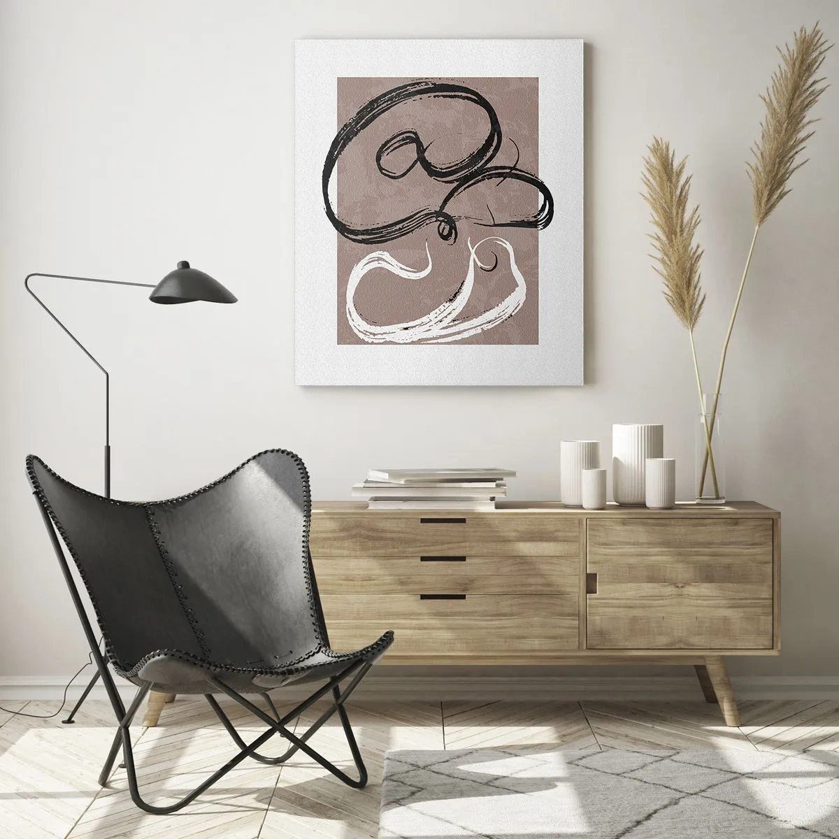 Impression sur verre - Image sur verre - Abstraction en noir et blanc sur fond beige - 70x100cm - Composition – la recherche de la plénitude - Décoration murale moderne pour le salon et la chambre ARTTOR