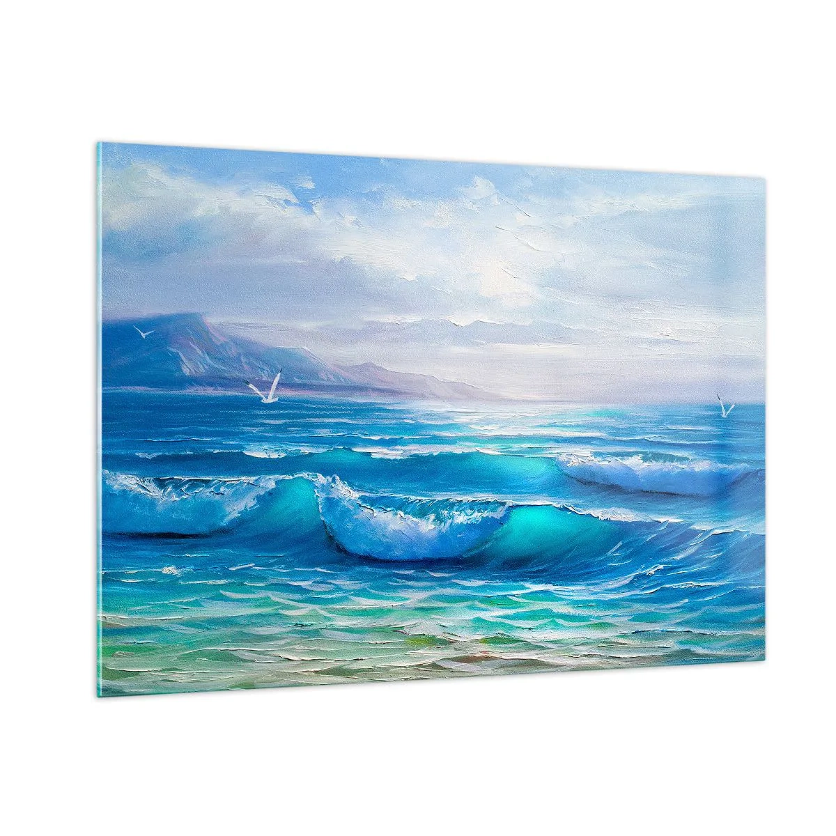 Impression sur verre - Image sur verre - Les vagues bleues de la mer lèchent le rivage par une journée ensoleillée - 100x70cm - Il apporte un soulagement - Décoration murale moderne pour le salon et la chambre ARTTOR