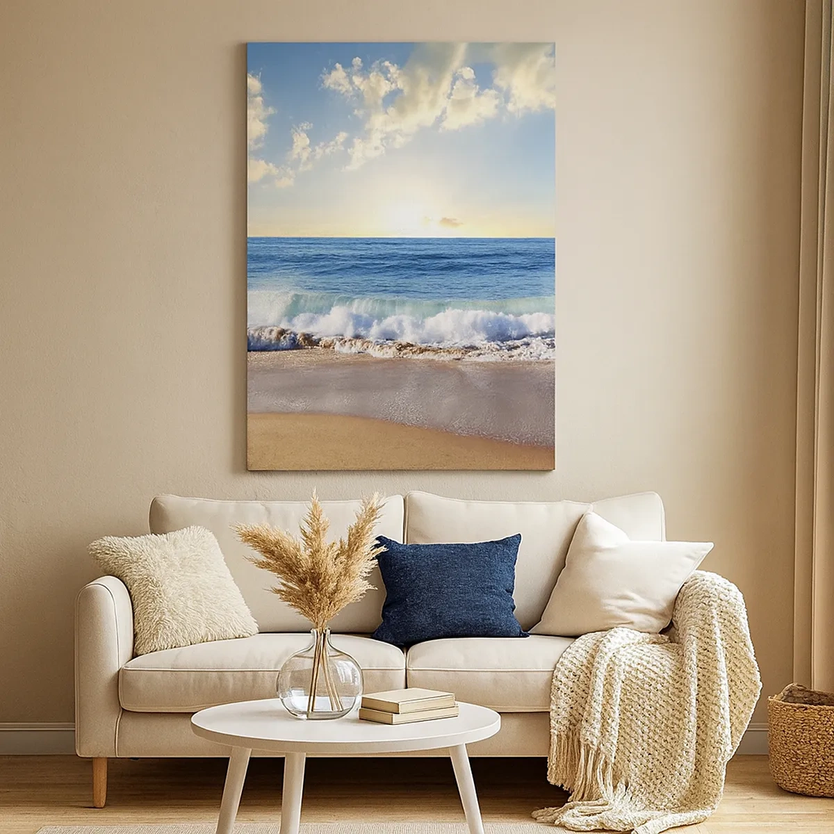 Impression sur toile - Image sur toile - Une plage ensoleillée avec des vagues s'écrasant sur le rivage - 50x70cm - Mouvement et immobilité à la fois - Décoration murale moderne pour le salon et la chambre ARTTOR