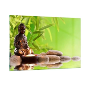 Impression sur verre - Image sur verre - Une figure de Bouddha avec une bougie allumée dans un cadre verdoyant - 120x80cm - La vie est belle - Décoration murale moderne pour le salon et la chambre ARTTOR
