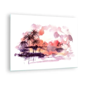 Impression sur verre - Image sur verre - Paysage tropical au coucher du soleil à l'aquarelle - 70x50cm - La tranquillité des tropiques en rouge - Décoration murale moderne pour le salon et la chambre ARTTOR