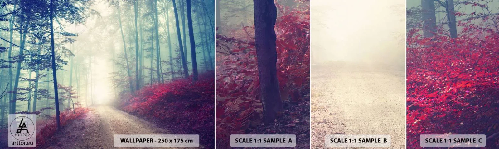 Échantillon de Papier Peint Autocollant Deluxe Sticker - Comme c'est bon de se lever à l'aube - Paysage, Forêt, Route forestière - 100x30 cm