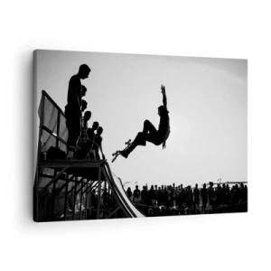 Impression sur toile - Image sur toile - Scène de skateboard en noir et blanc sur une rampe - 70x50cm - Héros et spectateurs - Décoration murale moderne pour le salon et la chambre ARTTOR