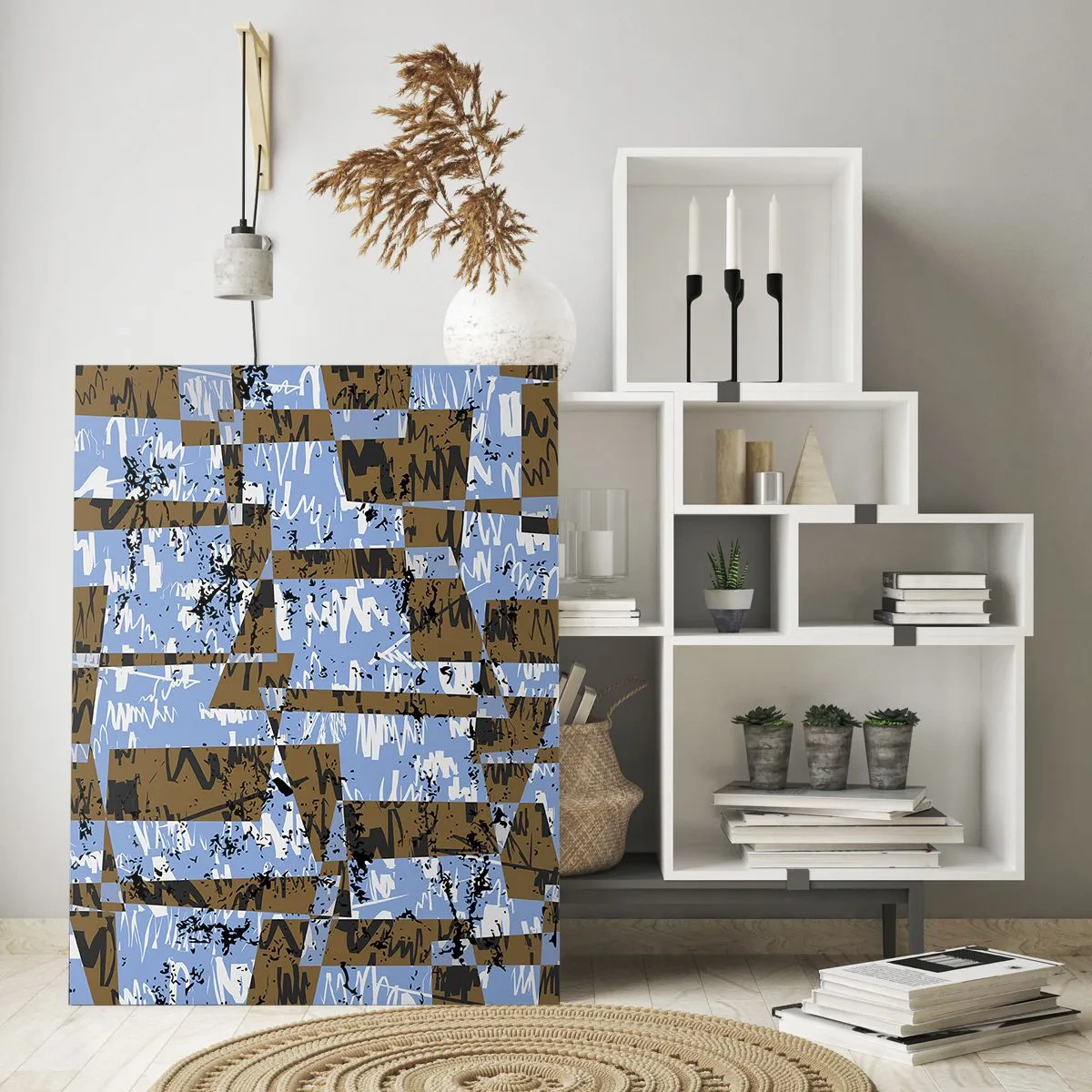 Impression sur verre - Image sur verre - Abstraction géométrique avec des nuances de bleu et de marron - 50x70cm - Une découpe non humaine - Décoration murale moderne pour le salon et la chambre ARTTOR