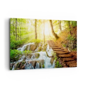 Impression sur toile - Image sur toile - Chemin forestier avec escaliers en bois près de la cascade - 120x80cm - Une fraîcheur tant désirée - Décoration murale moderne pour le salon et la chambre ARTTOR