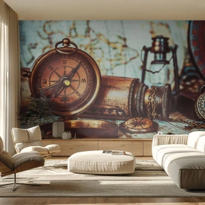 Papier Peint Photo Premium Canvas - Un ensemble rétro avec une boussole, un télescope et une carte sur le thème du voyage - 100x70cm - Une aventure de pirates dans les Caraïbes vous attend - Décoration murale moderne pour le salon et la chambre ARTTOR