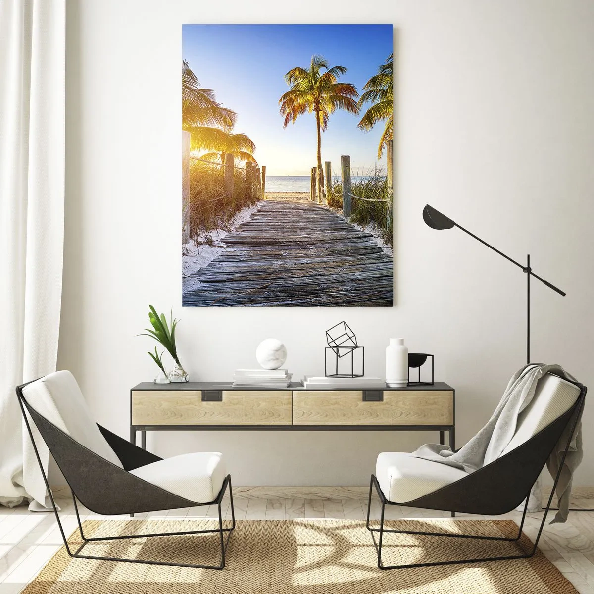 Impression sur verre - Image sur verre - Chemin en bois sur la plage entouré de palmiers - 50x70cm - Directement au paradis - Décoration murale moderne pour le salon et la chambre ARTTOR
