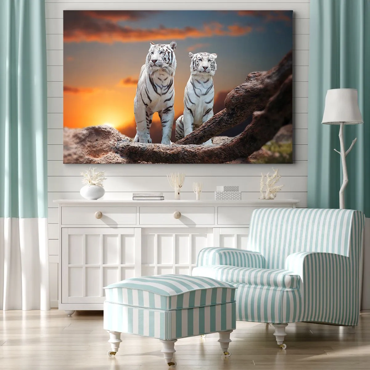 Impression sur toile - Image sur toile - Tigres blancs au soleil couchant sur fond de nature - 70x50cm - Tout comme à Narnia - Décoration murale moderne pour le salon et la chambre ARTTOR