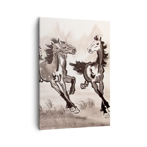 Impression sur toile - Image sur toile - Graphiques dynamiques de chevaux au galop dans un style oriental - 50x70cm - Dans un joyeux galop - Décoration murale moderne pour le salon et la chambre ARTTOR