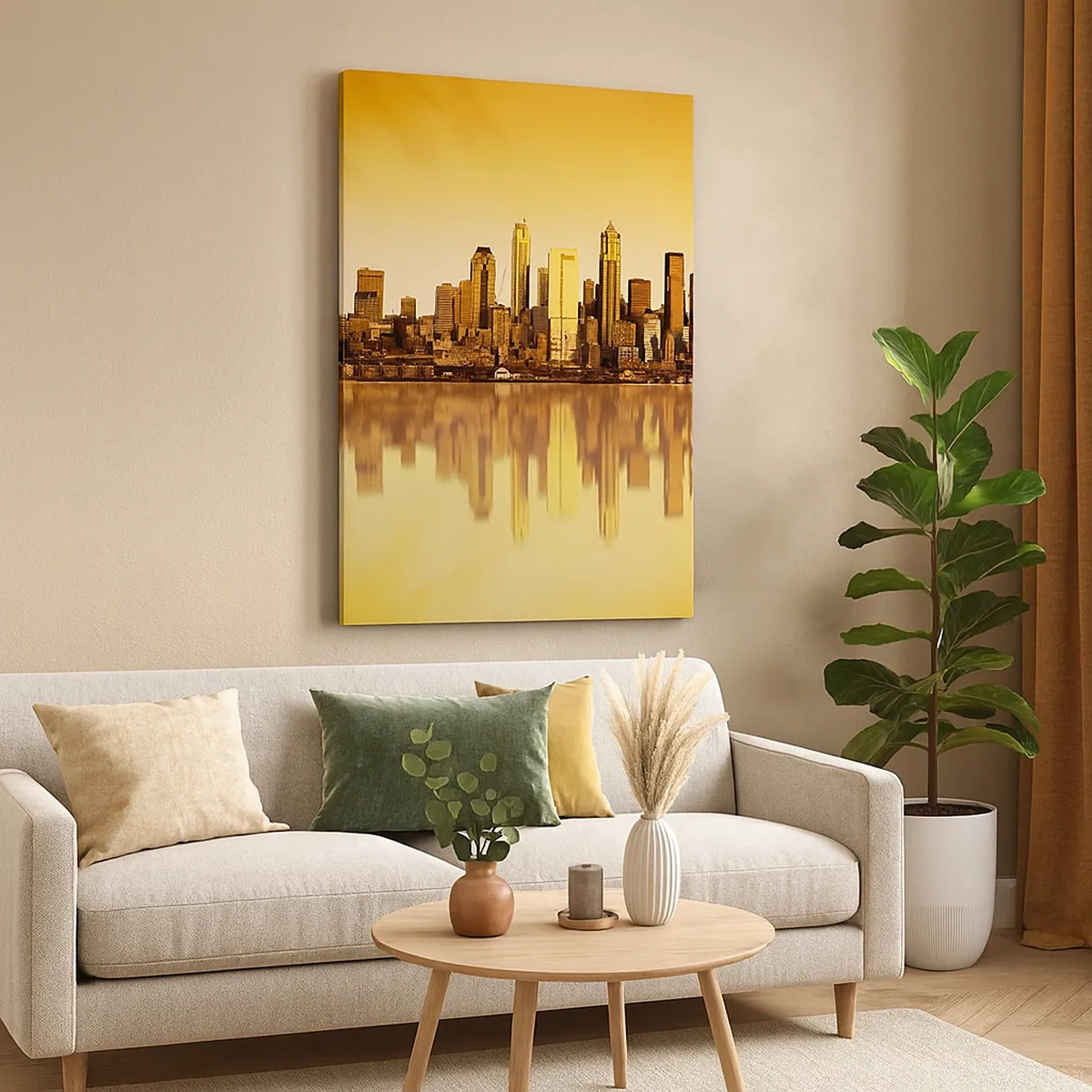 Impression sur toile - Image sur toile - Panorama de la ville reflété dans l'eau au coucher du soleil - 50x70cm - Le silence de la métropole - Décoration murale moderne pour le salon et la chambre ARTTOR