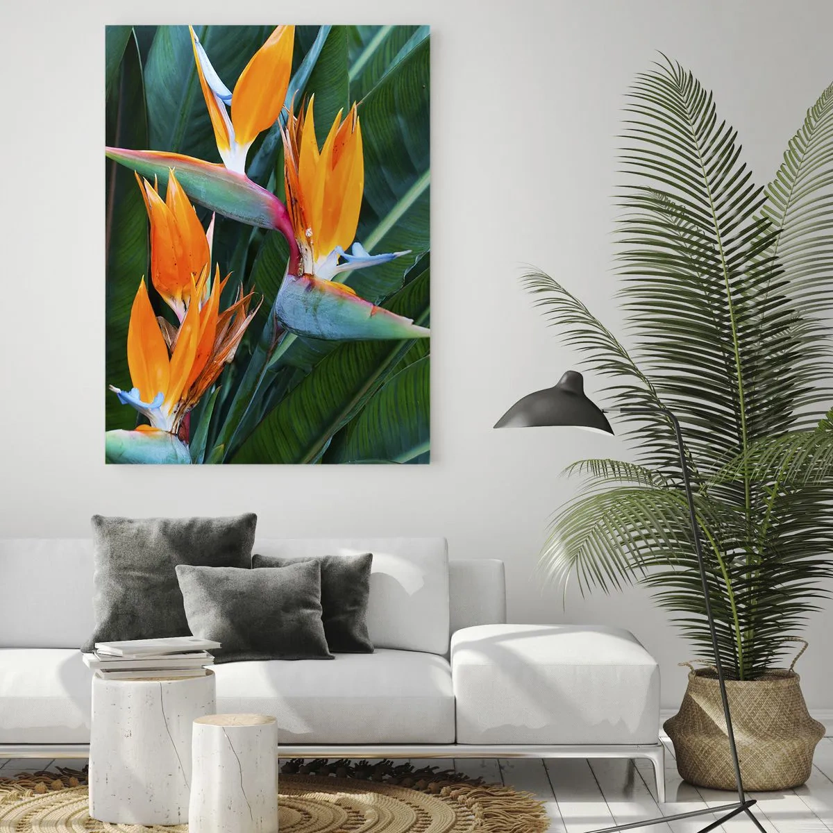 Impression sur verre - Image sur verre - Fleurs de strelitzia exotiques parmi de grandes feuilles vertes - 50x70cm - Est-ce une fleur, est-ce un oiseaux? - Décoration murale moderne pour le salon et la chambre ARTTOR