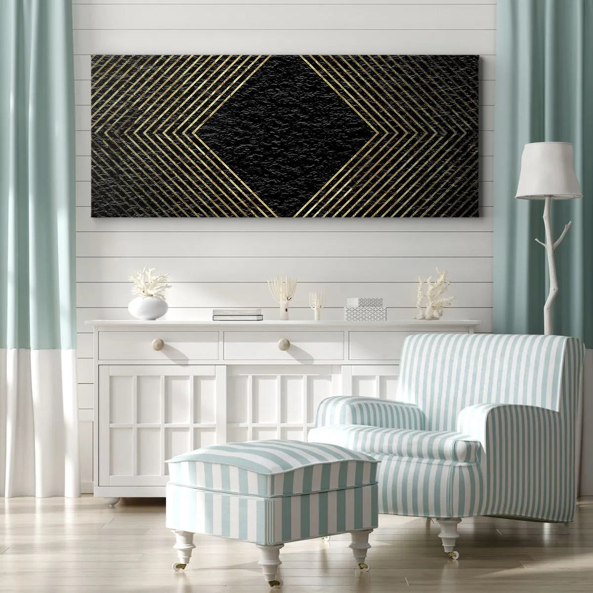 Impression sur toile - Image sur toile - Fond noir avec un motif géométrique de lignes dorées - 160x50cm - Géométrie dans un style glamour - Décoration murale moderne pour le salon et la chambre ARTTOR