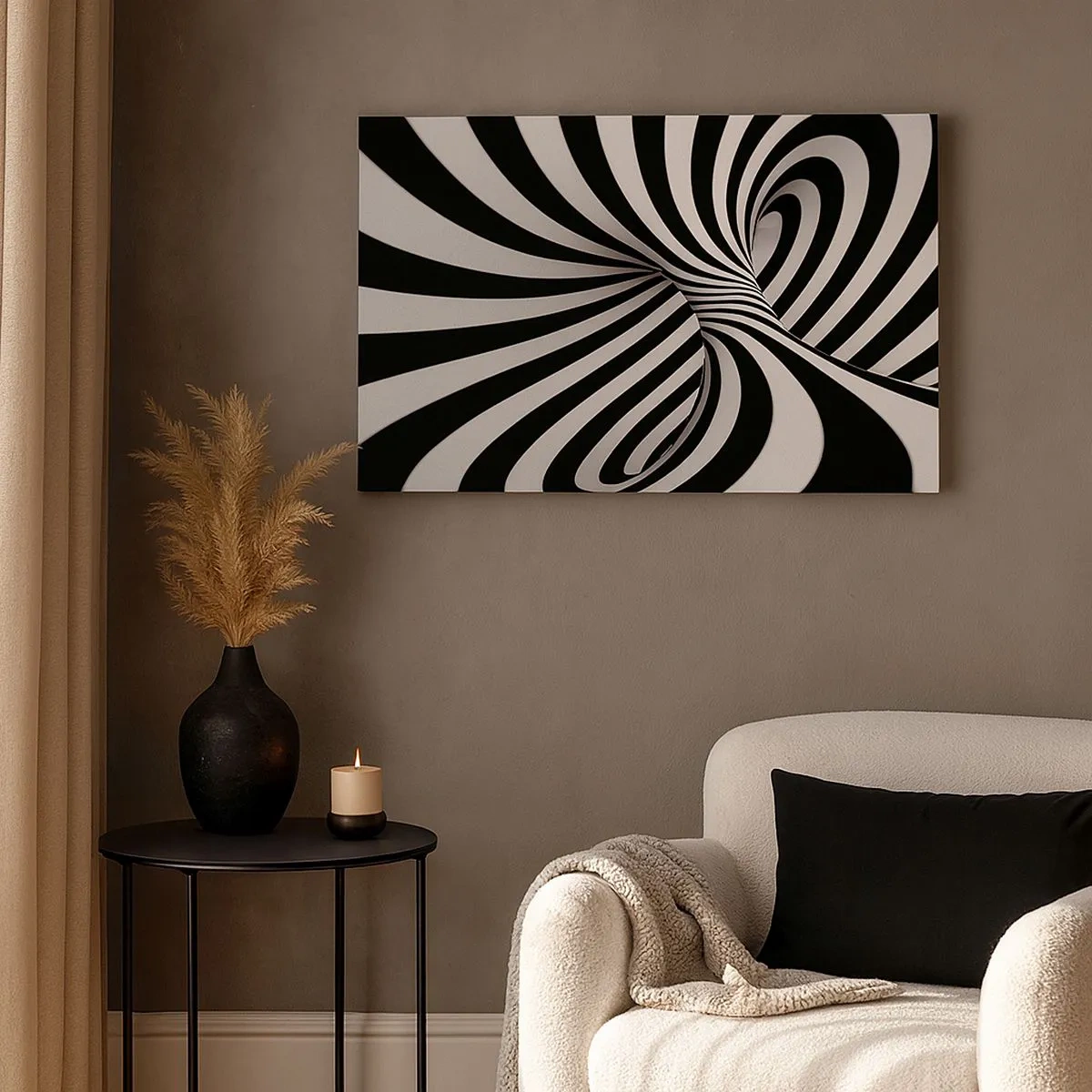 Impression sur toile - Image sur toile - Tunnel abstrait avec des rayures en spirale noires et blanches - 70x50cm - Composition : espace de danse - Décoration murale moderne pour le salon et la chambre ARTTOR