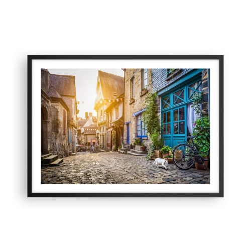Affiche dans un cadre noir - Poster - Une charmante rue pavée au soleil - 70x50cm - Aux confins du monde - Décoration murale moderne pour le salon et la chambre ARTTOR