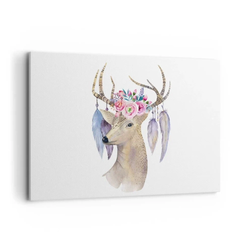 Impression sur toile - Image sur toile - Cerf romantique avec fleurs et plumes - 120x80cm - Guide de l'âme - doux, innocent - Décoration murale moderne pour le salon et la chambre ARTTOR