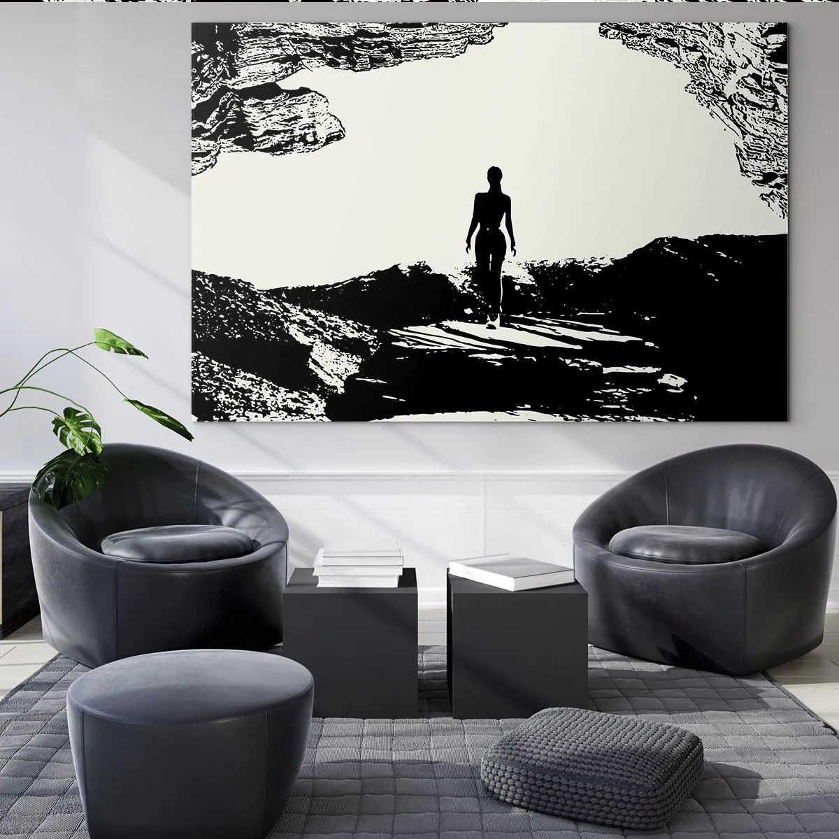 Impression sur verre - Image sur verre - Silhouette d'une femme sortant d'une grotte en graphisme noir et blanc - 70x50cm - Nouveau look - Décoration murale moderne pour le salon et la chambre ARTTOR