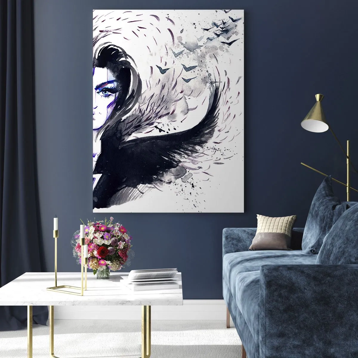 Impression sur verre - Image sur verre - Portrait abstrait avec des éléments dynamiques et du noir - 50x70cm - Démoniaque et belle - Décoration murale moderne pour le salon et la chambre ARTTOR