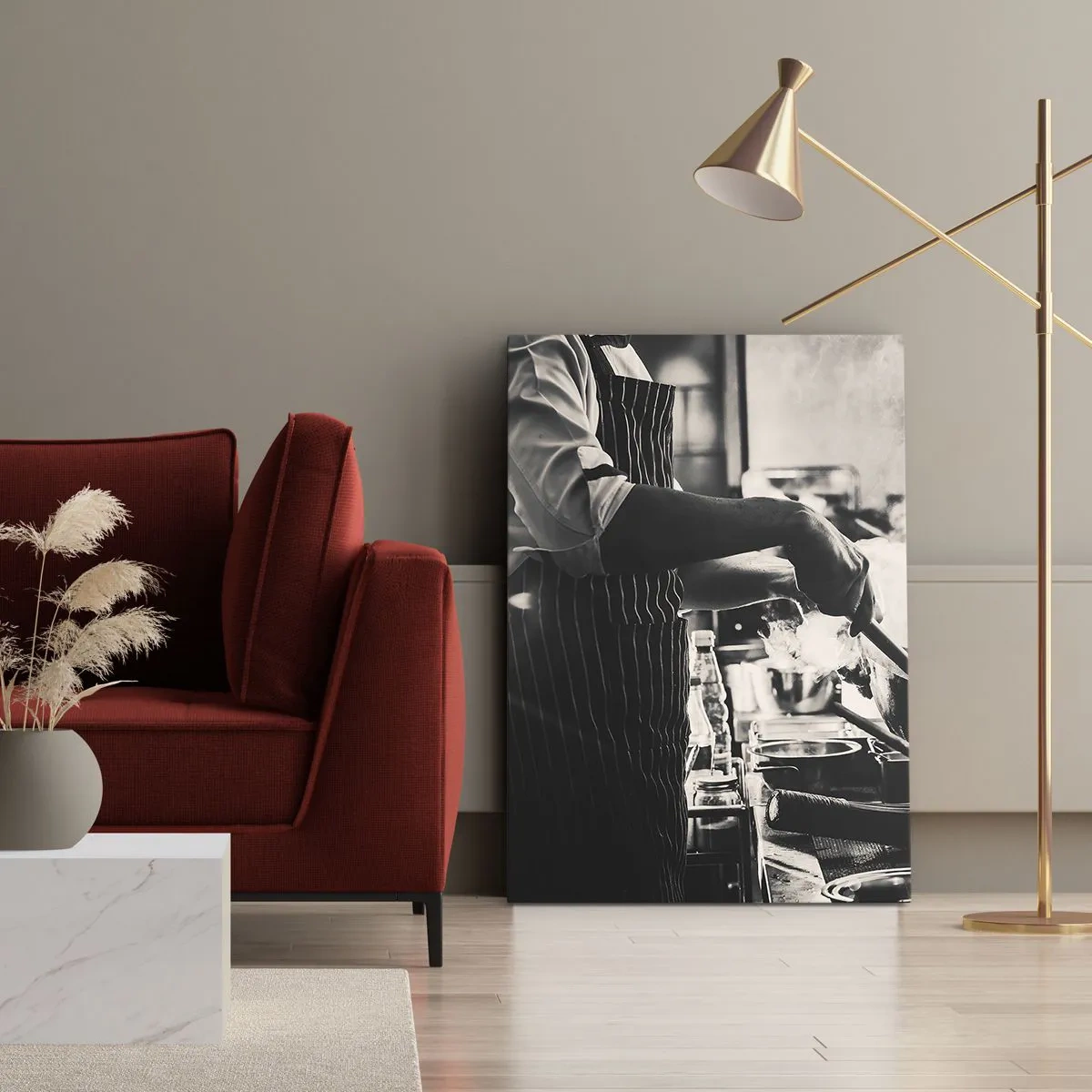 Impression sur toile - Image sur toile - Un chef au travail dans la cuisine avec de la vapeur s'élevant d'une poêle à frire - 80x120cm - Alchimie des saveurs - Décoration murale moderne pour le salon et la chambre ARTTOR