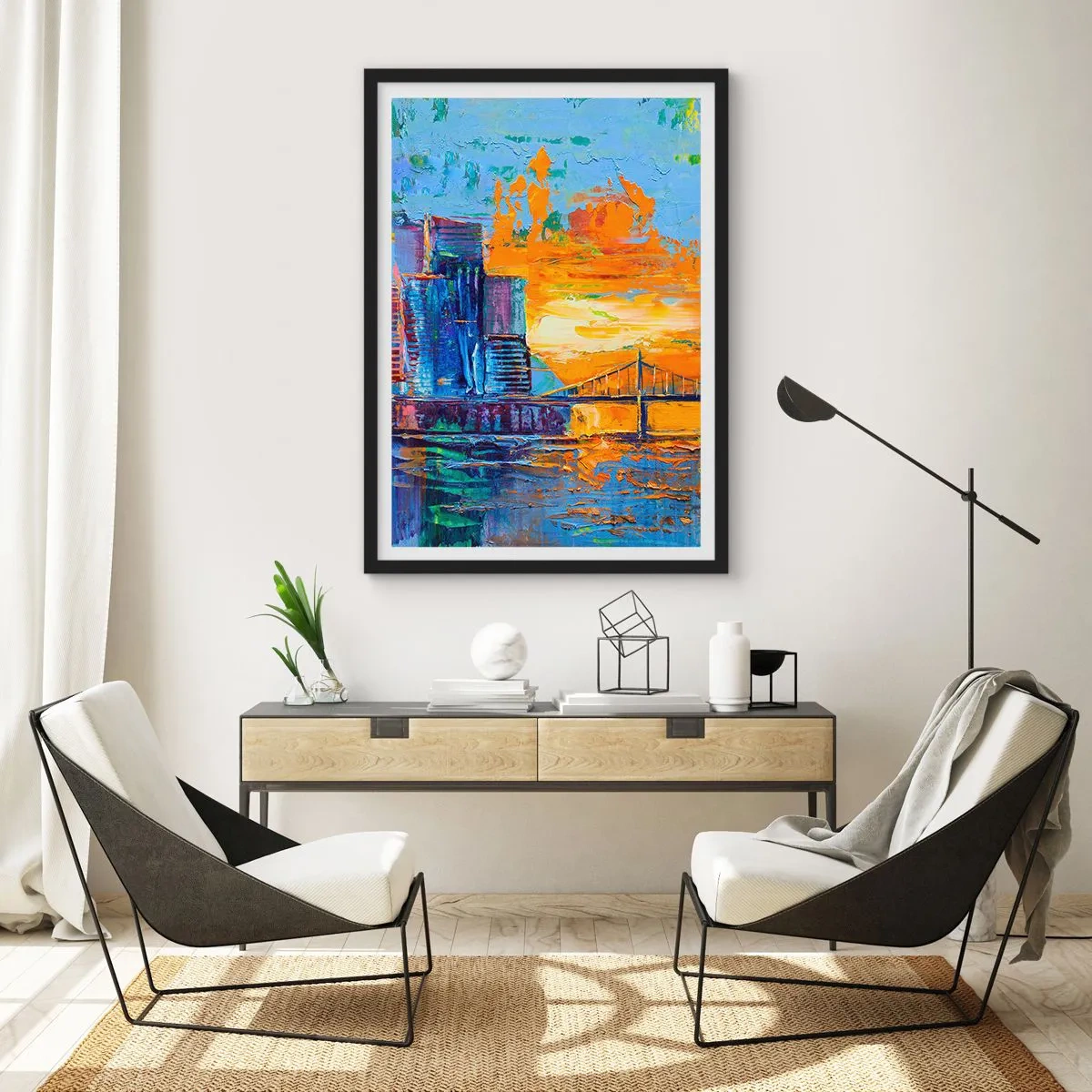 Affiche dans un cadre noir - Poster - Un pont coloré et la ville à la lueur du soleil couchant - 50x70cm - Culture et nature - Décoration murale moderne pour le salon et la chambre ARTTOR