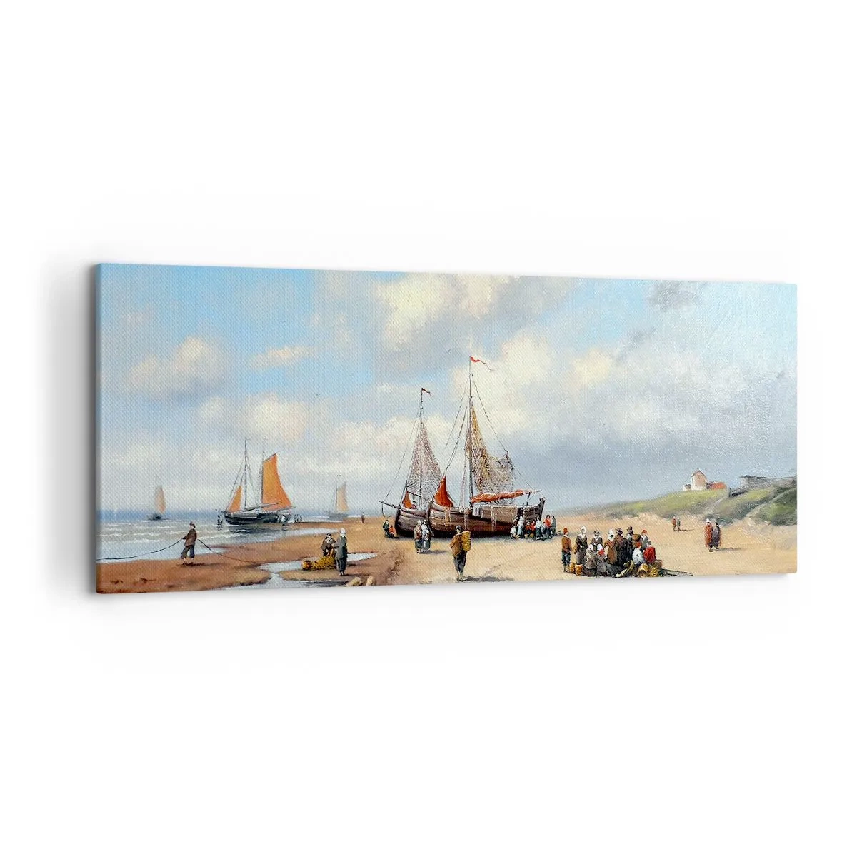 Impression sur toile - Image sur toile - Bateaux de pêche sur la plage avec des figures humaines - 120x50cm - Après une capture réussie - Décoration murale moderne pour le salon et la chambre ARTTOR