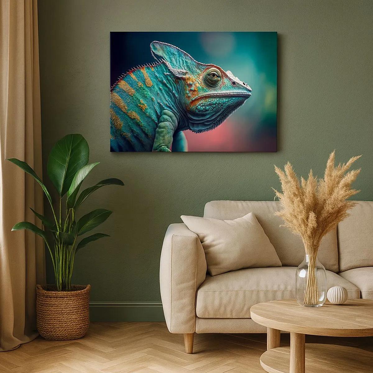 Impression sur toile - Image sur toile - Gros plan d'un caméléon aux couleurs intenses - 70x50cm - Vous me voyez? Pas bien… - Décoration murale moderne pour le salon et la chambre ARTTOR