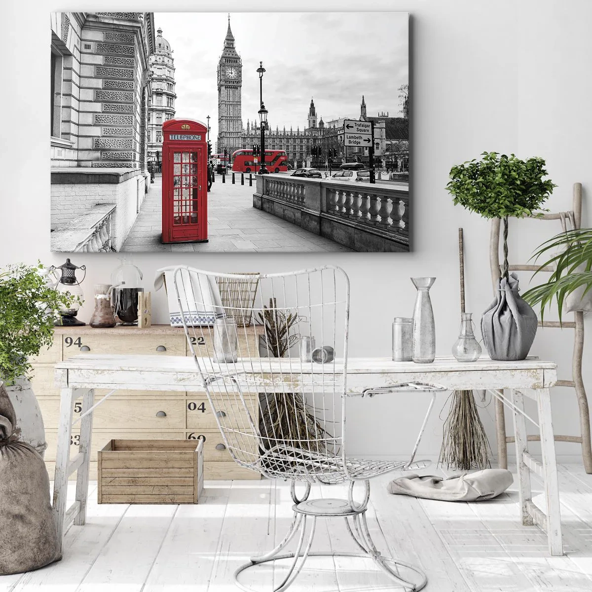 Impression sur toile - Image sur toile - Une cabine téléphonique rouge avec Big Ben en arrière-plan à Londres - 120x80cm - Sans aucun doute Londres - Décoration murale moderne pour le salon et la chambre ARTTOR