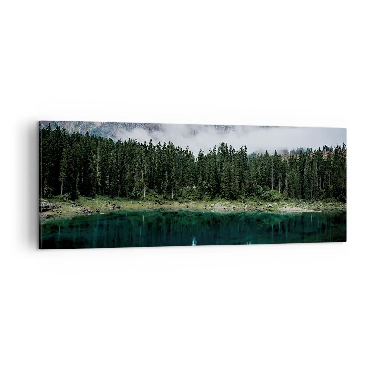Impression sur toile - Image sur toile - Un paysage de montagne avec une forêt et un lac reflétant le ciel - 140x50cm - Chut, chut, ne réveillons pas l'eau qui dort - Décoration murale moderne pour le salon et la chambre ARTTOR