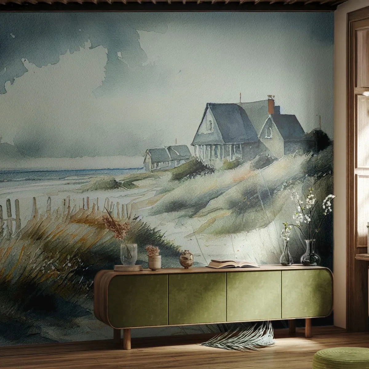 Papier Peint Photo Premium Sand - Maisons sur une dune en bord de mer dans un style aquarelle - 100x70cm - Loin de l'agitation - Décoration murale moderne pour le salon et la chambre ARTTOR