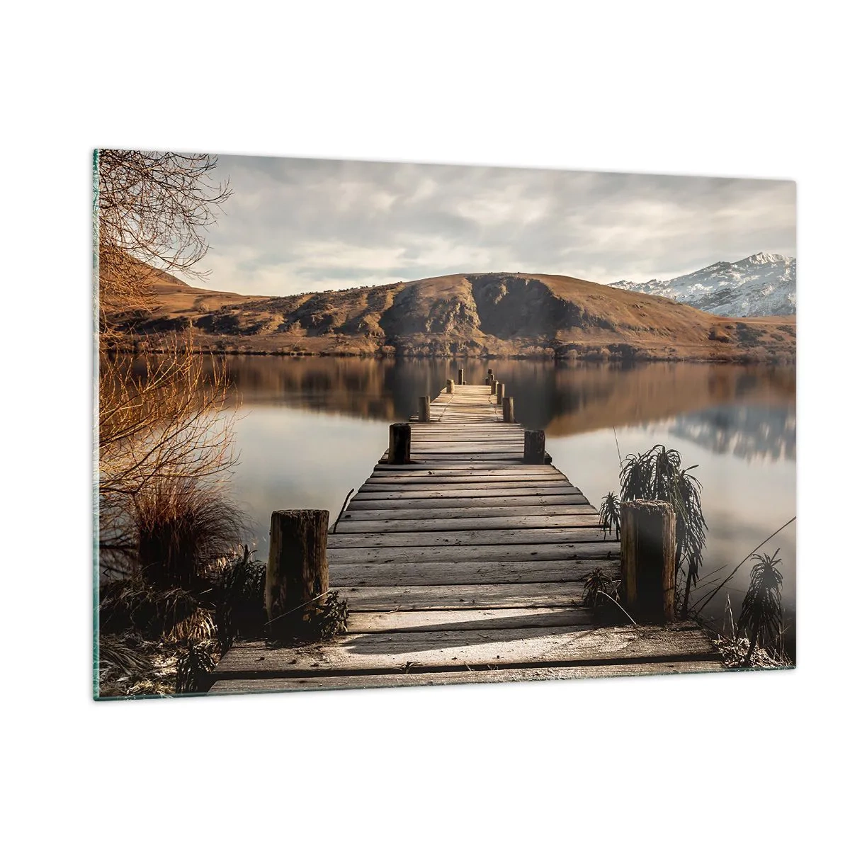 Impression sur verre - Image sur verre - Une jetée en bois au-dessus d'un lac avec vue sur les montagnes en arrière-plan - 120x80cm - Paysage silencieux - Décoration murale moderne pour le salon et la chambre ARTTOR