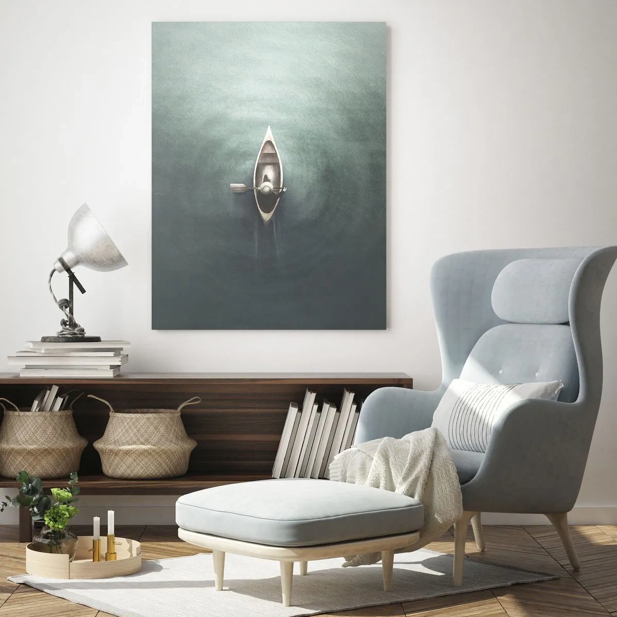 Impression sur verre - Image sur verre - Un bateau solitaire dérivant sur un lac calme et verdâtre - 50x70cm - À travers le lac de la lune - Décoration murale moderne pour le salon et la chambre ARTTOR
