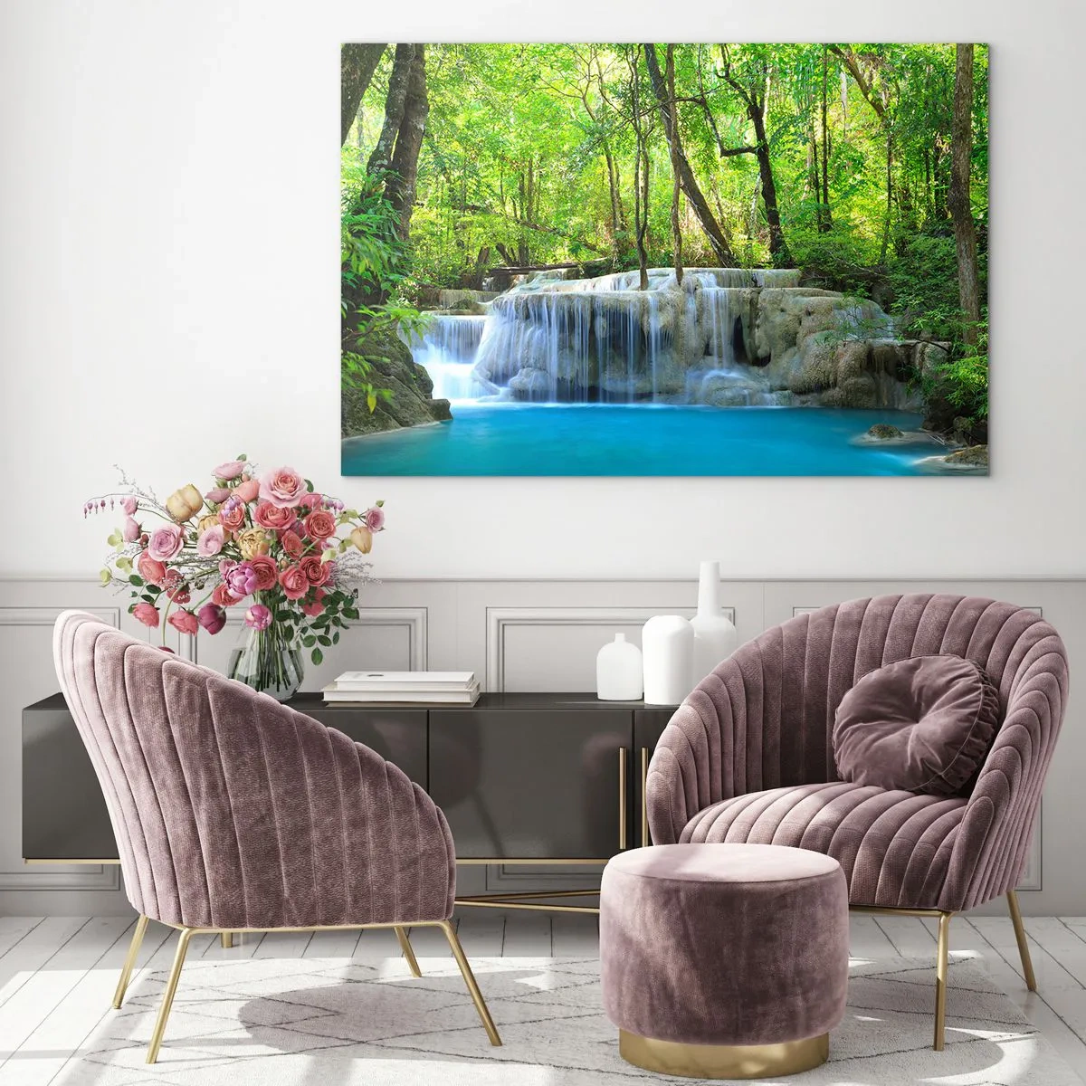 Impression sur verre - Image sur verre - Une cascade entourée d'arbres verts et d'eau bleue - 100x70cm - Se noyer dans le turquoise et le vert - Décoration murale moderne pour le salon et la chambre ARTTOR