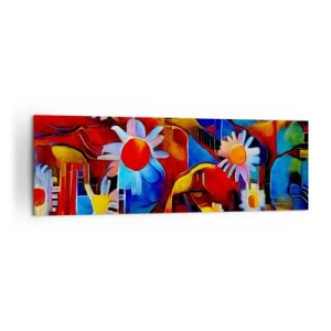 Impression sur toile - Image sur toile - Fleurs abstraites sur fond de motifs géométriques - 160x50cm - Les couleurs de la vie - Décoration murale moderne pour le salon et la chambre ARTTOR