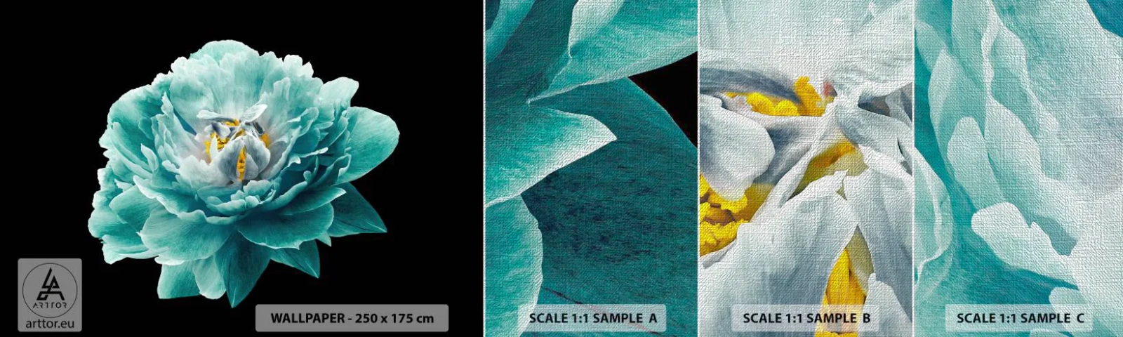 Échantillon de Papier Peint Premium Canvas - Pétales bleus et dorés - Fleur, Épanouissement, Pivoine - 100x30 cm