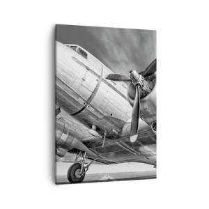 Impression sur toile - Image sur toile - Une image en noir et blanc d'un avion classique avec des détails structurels visibles. - 50x70cm - Toujours prêt à voler - Décoration murale moderne pour le salon et la chambre ARTTOR