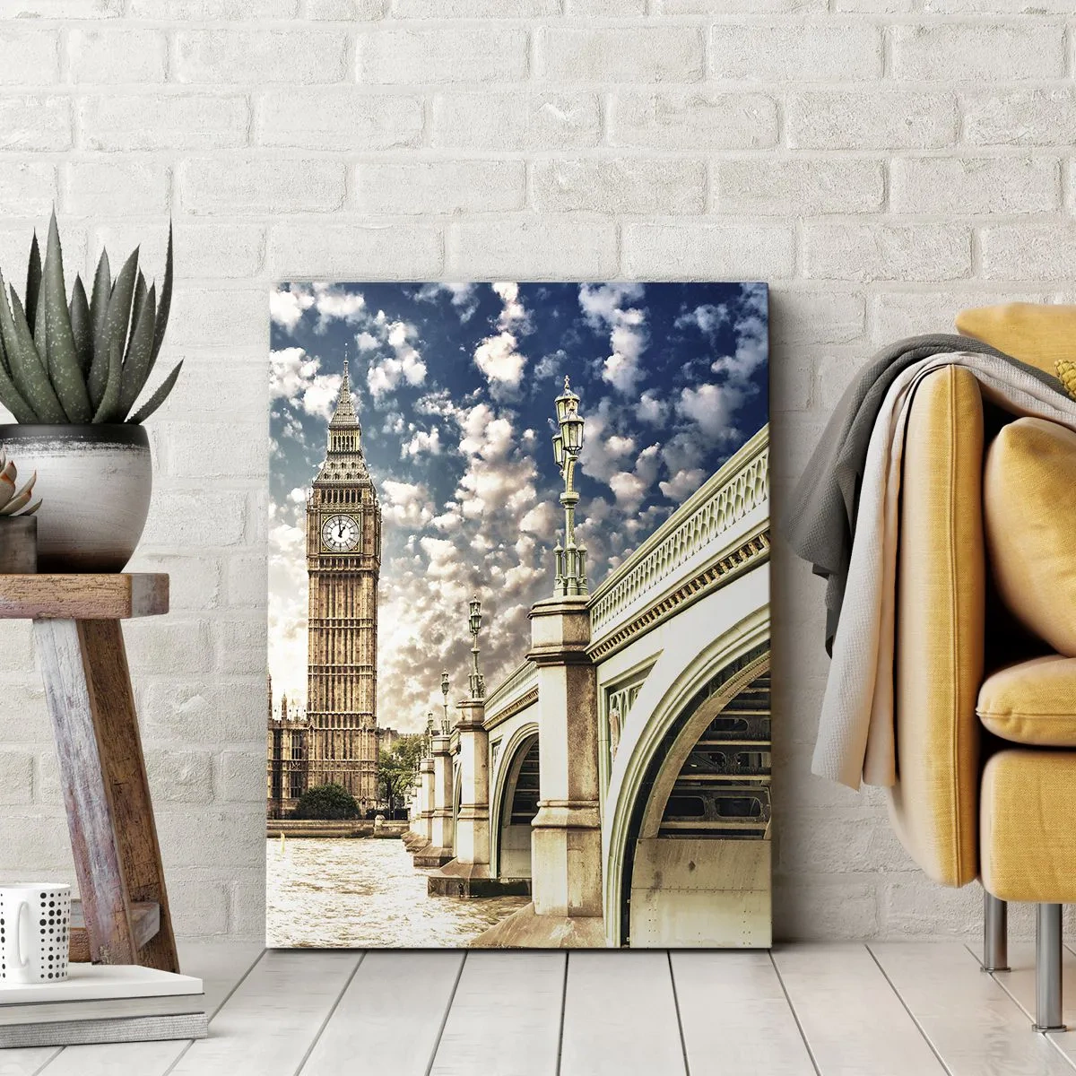 Impression sur toile - Image sur toile - Big Ben et le pont de Westminster illuminés par le soleil à Londres - 70x100cm - Nuages