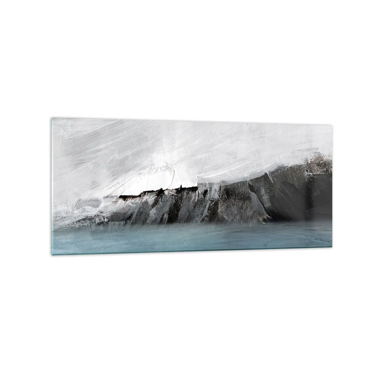 Impression sur verre - Image sur verre - Paysage abstrait avec de l'eau et un rivage rocheux - 120x50cm - Eau – terre : choc des éléments - Décoration murale moderne pour le salon et la chambre ARTTOR