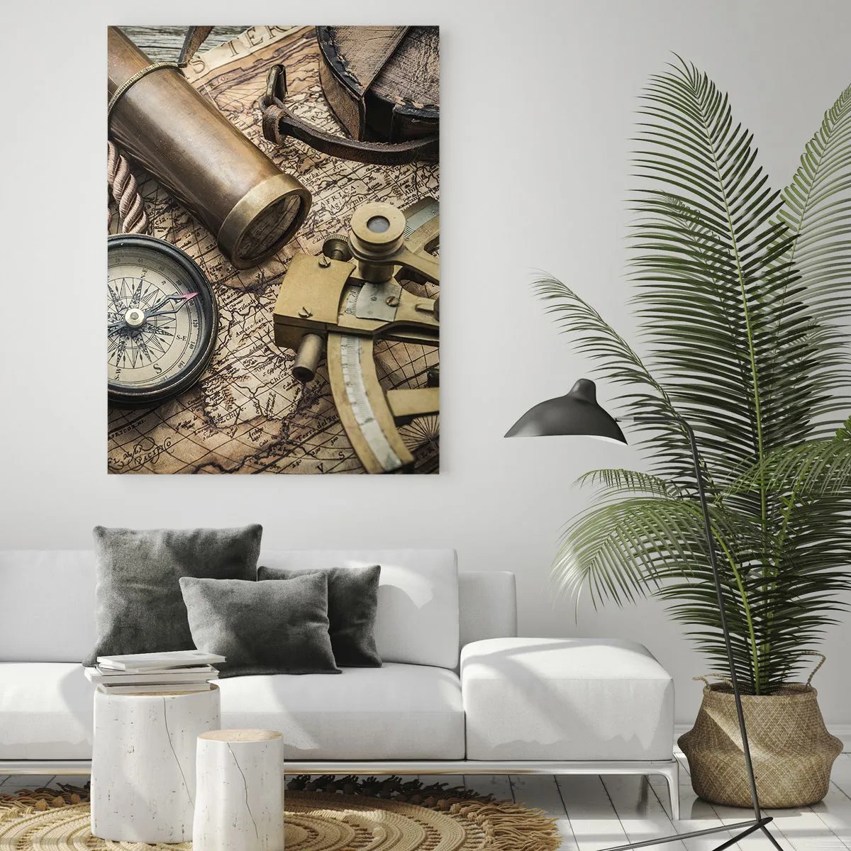 Impression sur verre - Image sur verre - Une boussole, un sextant et un télescope sur fond de vieille carte et de corde nautique. - 80x120cm - Fixer un cap - Décoration murale moderne pour le salon et la chambre ARTTOR