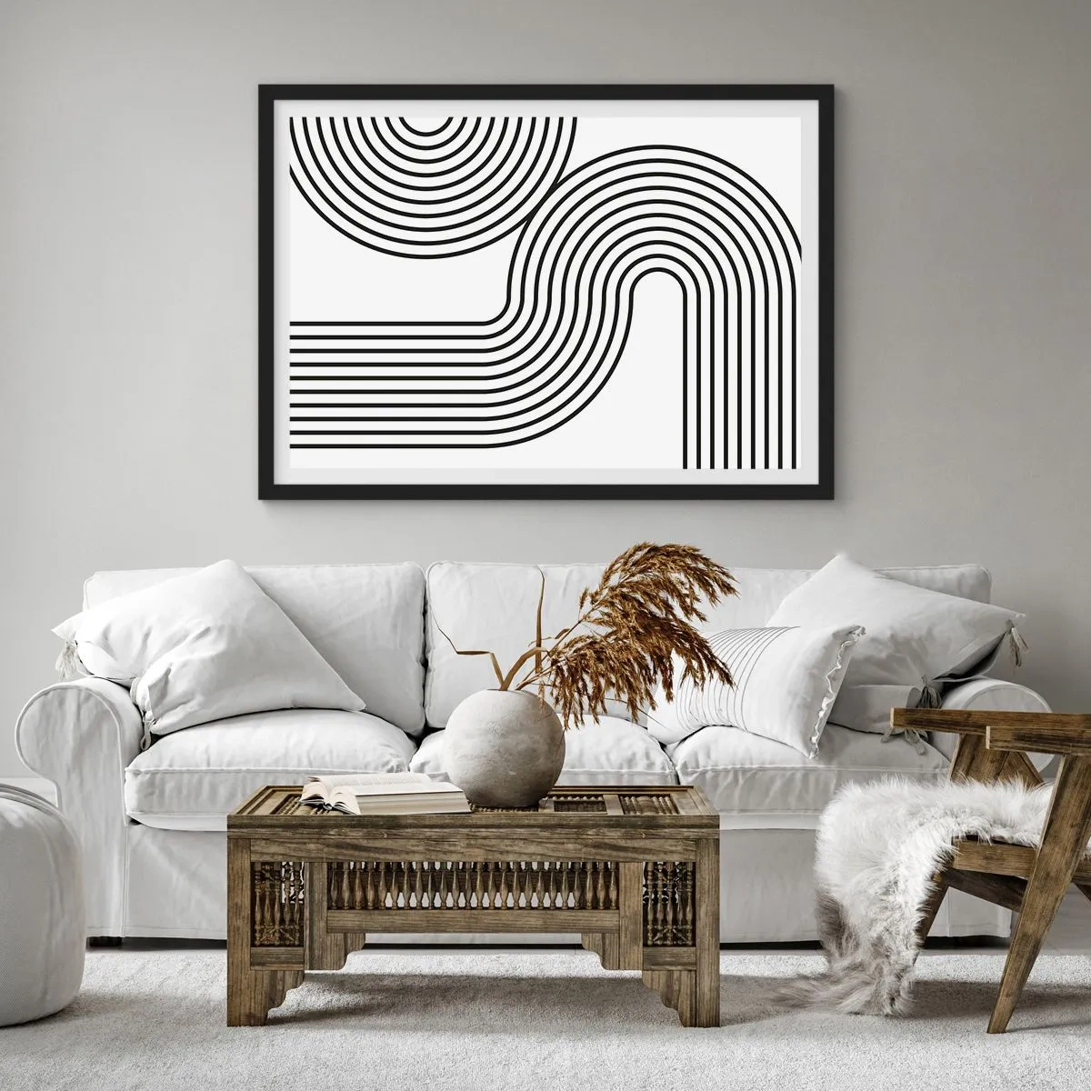 Affiche dans un cadre noir - Poster - Une peinture abstraite avec des lignes noires créant des motifs géométriques sur un fond blanc. - 70x50cm - En plein virage - Décoration murale moderne pour le salon et la chambre ARTTOR