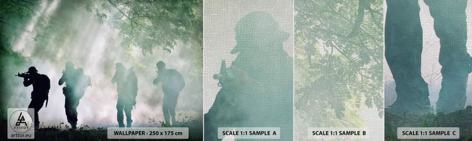 Échantillon de Papier Peint Premium Canvas - Un pour tous… - Soldat, Arme, Fusil - 100x30 cm