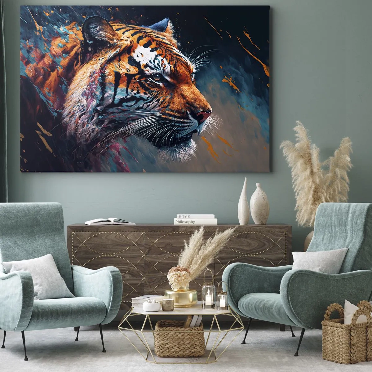Impression sur toile - Image sur toile - Portrait d'un tigre aux couleurs dynamiques et abstraites - 70x50cm - Beauté sauvage - Décoration murale moderne pour le salon et la chambre ARTTOR