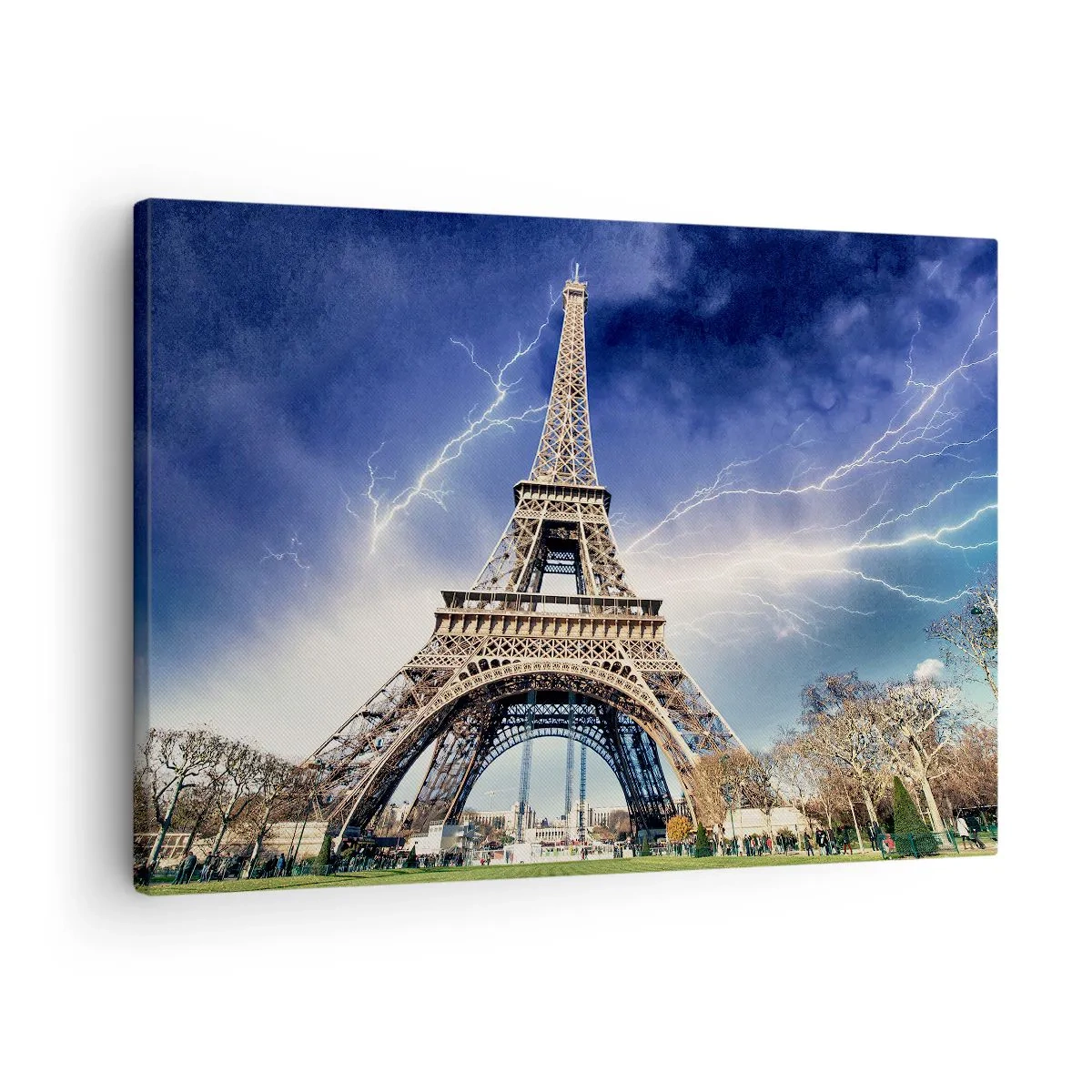 Impression sur toile - Image sur toile - La Tour Eiffel avec un ciel orageux et des éclairs en arrière-plan - 70x50cm - Maître des tempêtes - Décoration murale moderne pour le salon et la chambre ARTTOR