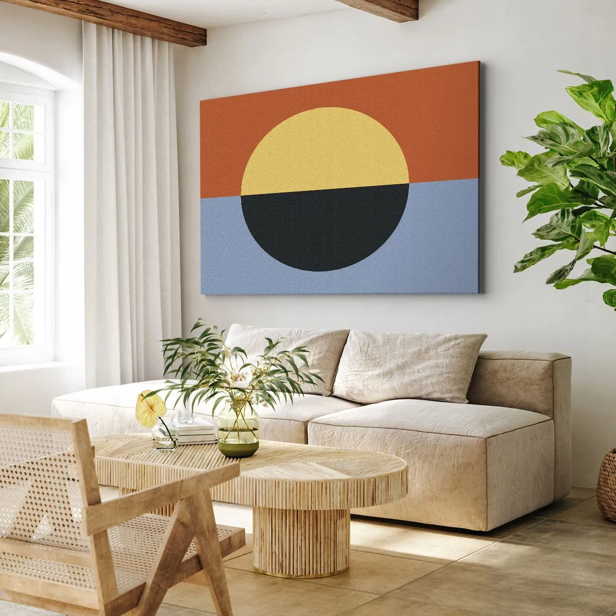 Impression sur toile - Image sur toile - Abstraction géométrique aux couleurs contrastées - 70x50cm - Composition de chaleur et de fraîcheur - Décoration murale moderne pour le salon et la chambre ARTTOR