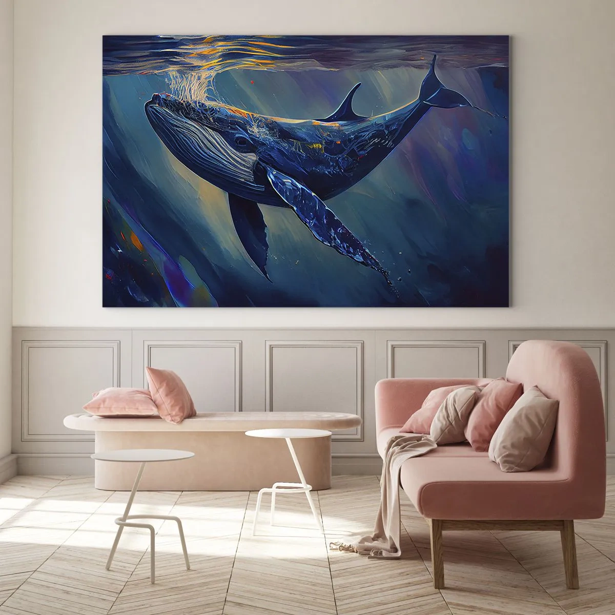 Impression sur verre - Image sur verre - Une baleine flottant sous l'eau au soleil - 70x50cm - Bienvenue dans mon monde - Décoration murale moderne pour le salon et la chambre ARTTOR