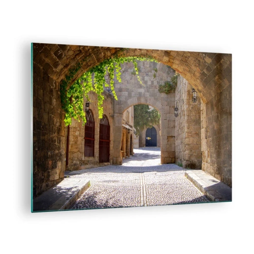 Impression sur verre - Image sur verre - Une rue en pierre avec des arches et des vignes au soleil - 70x50cm - Le cortège apparaîtra bientôt - Décoration murale moderne pour le salon et la chambre ARTTOR