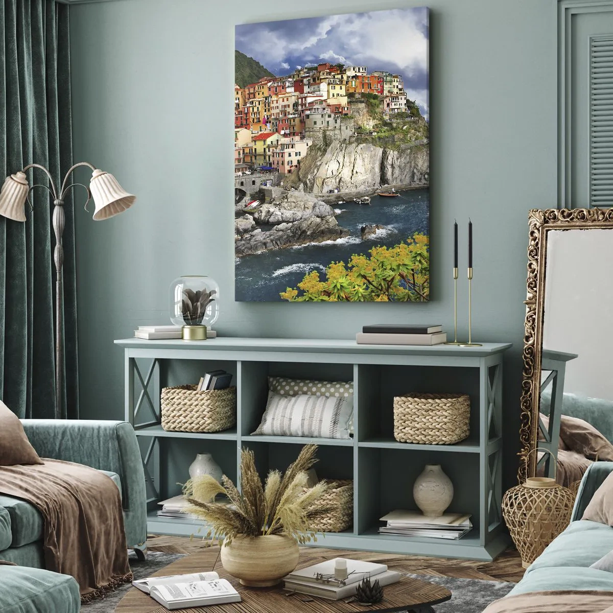 Impression sur toile - Image sur toile - Maisons colorées sur une falaise surplombant la mer aux Cinque Terre - 80x120cm - Un groupe embrassant les rochers - Décoration murale moderne pour le salon et la chambre ARTTOR