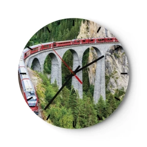 Horloge murale - Pendule murale - Un train rouge sur un viaduc au milieu des forêts de montagne - 30x30cm - Chemin de fer avec vue sur la montagne - Décoration murale moderne pour le salon, la cuisine et la chambre ARTTOR