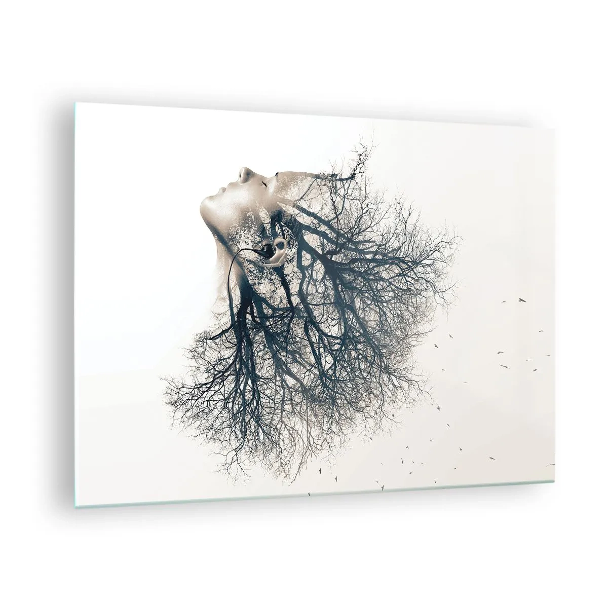 Impression sur verre - Image sur verre - Silhouette d'une femme avec des branches en guise de cheveux - 70x50cm - Écouter le murmure des arbres - Décoration murale moderne pour le salon et la chambre ARTTOR