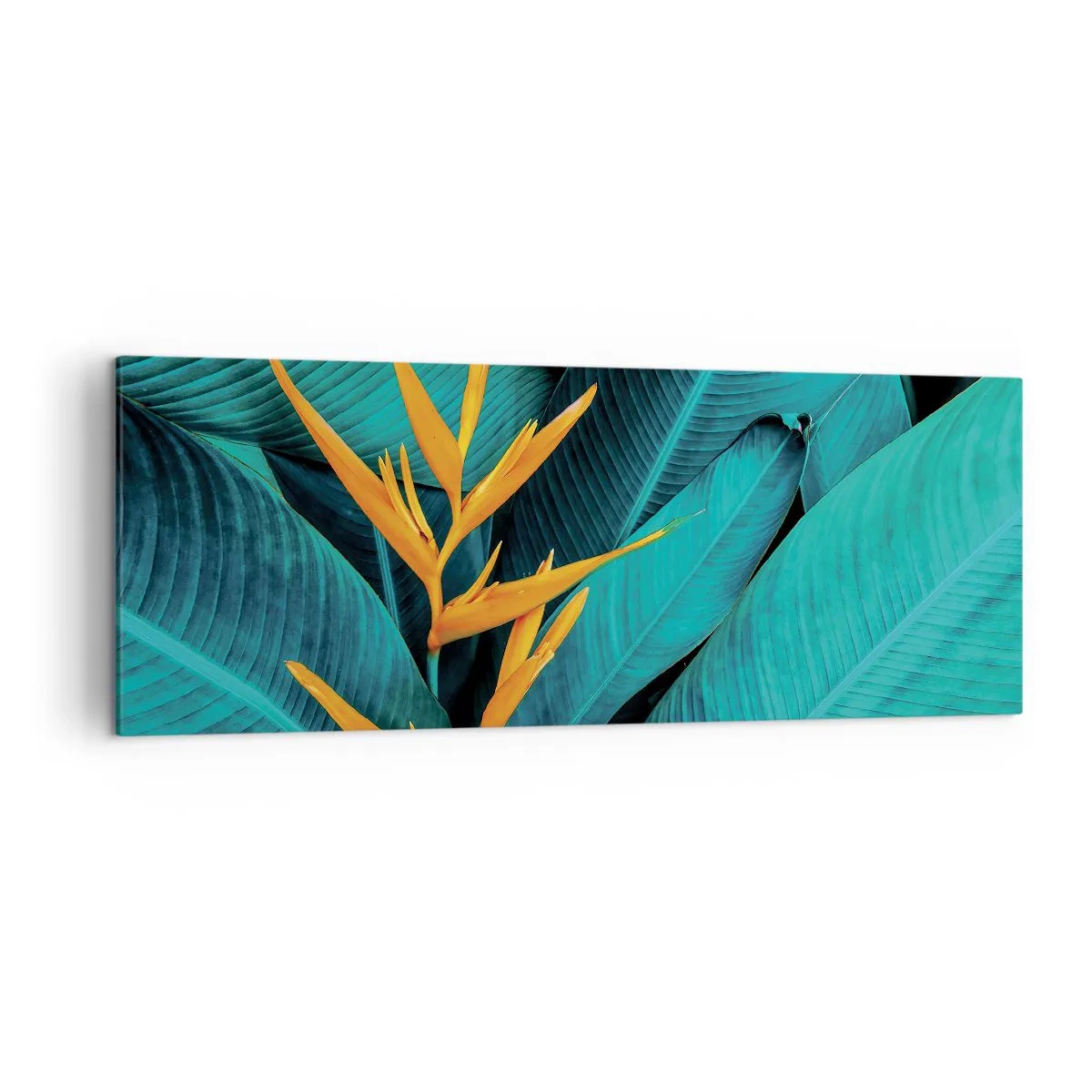 Impression sur toile - Image sur toile - Une fleur exotique sur fond de feuilles de bananier aux tons turquoise. - 140x50cm - Fleur d'Eden - Décoration murale moderne pour le salon et la chambre ARTTOR